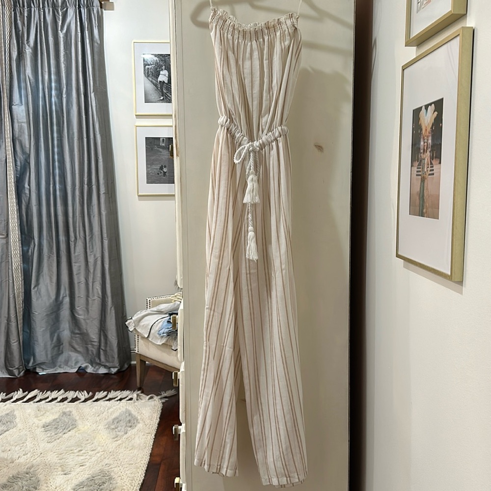 Tan and White Strapless Jumpsuit -XS